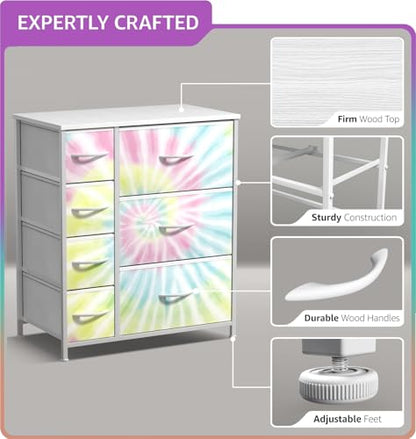 Sorbus Dresser with 7 Drawers - Furniture Storage Chest for Kid’s, Teens, Bedroom, Nursery, Playroom, Clothes, Toys - Steel Frame, Wood Top, Tie-dye Fabric Bins (7-Drawer, Tie-Dye) - color: Light Tie-dye