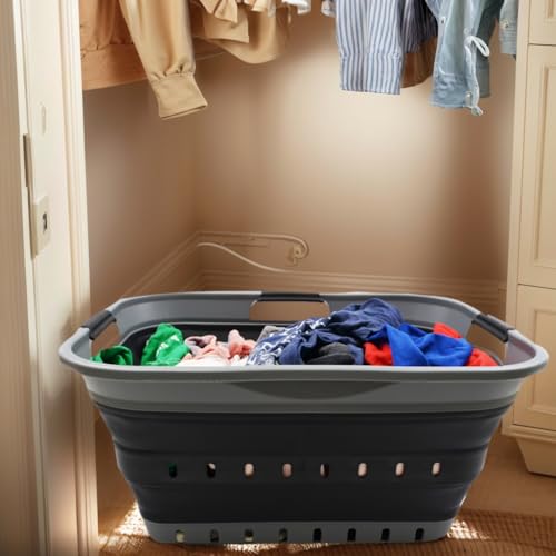 SAMMART 42L (11 gallon) Collapsible Plastic Laundry Basket - Foldable Pop Up Storage Container/Organizer - Portable Basket - Space Saving Hamper/Basket (2, Grey/Black) - color: Grey/Black