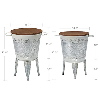 RUSTOWN Farmhouse Side Tables Set of 2, Galvanized Metal Bucket End Table | Storage Metal Bin with Round Wooden Lid, Accent Side Table, Rustic Antique Cocktail Table for Living Room, Bedroom, Outdoor - color: Distressed White