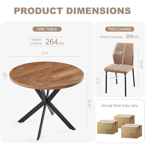 37" Round Dining Table Set for 2, Mid Century Modern Small Coffee Set for Dining Room Kitchen Apartment (Walnut Table + 2 PU Leather Beige Chairs) - color: Beige, size: 37" Brown Round Table+2 Chairs