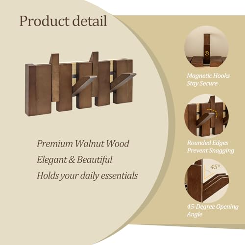 11.8" Wooden Piano Key Coat Rack Wall Mounted, 4 Hooks Natural Walnut Wall Coat Rack, Wall Mounted Coat Rack for Hanging Coats/Hats/Keys/Towels/Bags - size: 4 Hooks
