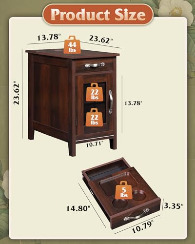 WLIVE End Table with Charging Station, Narrow Nightstand for Living Room, Farmhouse Night Stand with Storage, Small Wooden Cabinet Side Table with USB Ports and Outlets, 23.62"D x 13.78"W x 23.62"H - color: Espresso