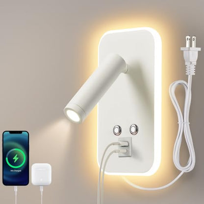 Wall-Mounted LED Bedside Reading Light with USB Charging Port, Stepless Touch Dimming, Plug-in or Hardwired Bed wall lamp for Bedroom, Night Light, Eye-Caring Bedroom Lighting, White - color: White (with plug)