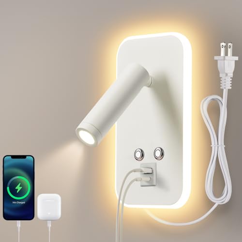 Wall-Mounted LED Bedside Reading Light with USB Charging Port, Stepless Touch Dimming, Plug-in or Hardwired Bed wall lamp for Bedroom, Night Light, Eye-Caring Bedroom Lighting, White - color: White (with plug)