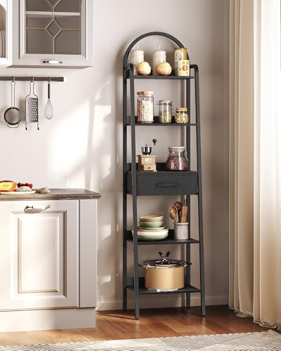 5 Tier Ladder Shelf with Drawer, Tall Ladder Bookshelf, Standing Bookcase with Metal Frame for Living Room, Bathroom, Home Office, Study, Balcony, Black TCJ07BB - color: Black