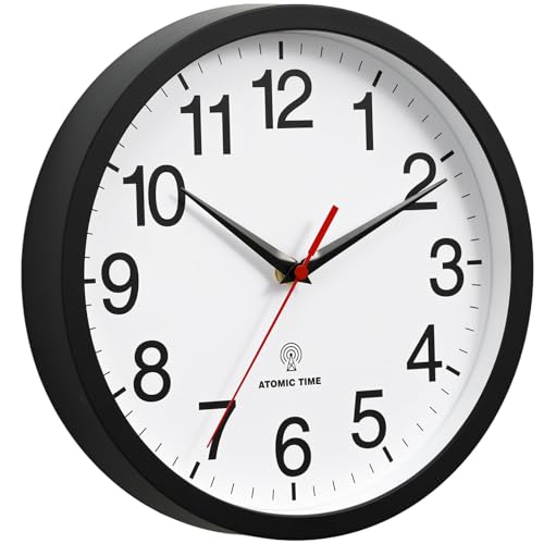 Wall Clock Analog 14 Inch Atomic Battery Operated Silent Clock | Black, Easy To Read, Non Ticking, Round, Accurate, Kitchen, Living Room, Classroom, Office, School - color: Atomic_black, size: 14 Inch