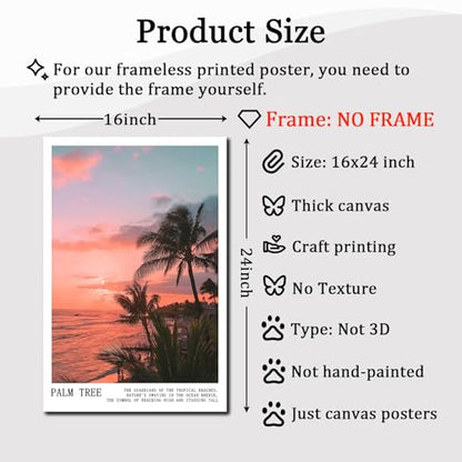 Pink Palm Tree Wall Art Trendy Summer Prints Landscape Coastal Painting Pink Sky Poster Sunrise Sunset Picture Beach Scenery Poster Coconut Tree Painting Tropical Plant Artwork Room 16x24in Frameless - color: C6Unframed