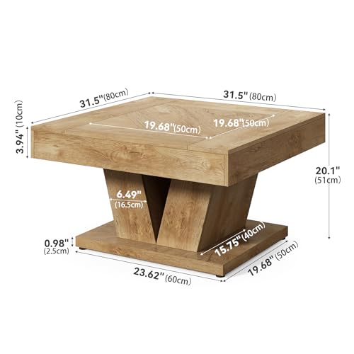 LITTLE TREE Square Coffee Table, Modern Rustic Coffee Table for Living Room, Wooden Table with Adjustable Feet, Oak - color: Oak