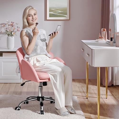 Yaheetech Simple Pink Petal Faux Leather Vanity Desk Chair, Swivel Wheels | Easy-clean faux leather cushioned seat fits makeup vanity, nail salon or office desks; adjustable height, swivel, fast setup. - color: Simple Pink