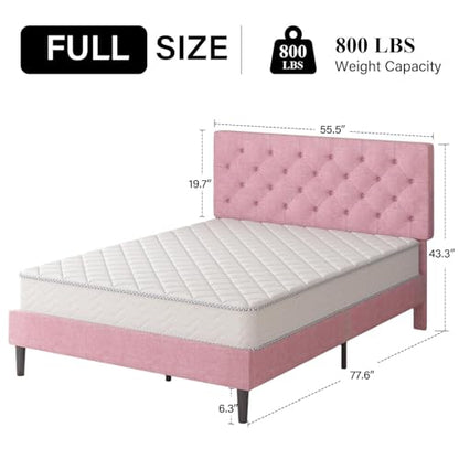 HOMBCK Full Bed Frame with Headboard, Linen Fabric Upholstered Bed Frame Full, Pink Bed Frame with Wood Slats, Button Tufted, No Box Spring Needed, Pink - color: Pink, size: Full