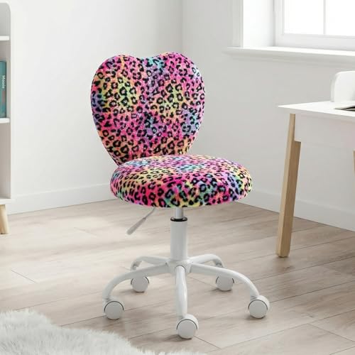 chairus Kids Desk Chair Faux Fur Small Study Chair for Teenage Girls, Adjustable Heart Shaped Kids Vanity Chair for Bedroom Reading Living Room, Cute Student Task Chair with White Foot, Leopard - color: Leopard