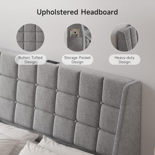 Ergonomic Upholstered Headboard Queen Size w/Charging Station, Linen Wingback Headboards w/Storage Pocket, Queen Headboard Only, Bed Frame Adapters, Sturdy Stable Solid Wood Bed Head Board, Light Grey - color: Gray, size: Queen