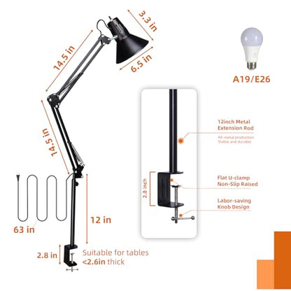 Black Desk Lamp with Clamp, Extra-Tall Adjustable Metal Swing Arm, 3000K | Manicurist Table Lamp for Nail Work, Drafting, Sewing, Crafting, College Dorm and Home Office, A19 Bulb Included