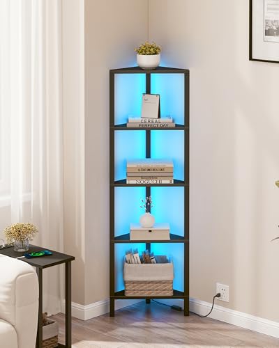 TUTOTAK Corner Shelf with LED Light, 5-Tier Corner Bookshelf | for Small Space, Narrow Display Corner Shelf Stand with Storage Rack, for Living Room, Bedroom, Black BS05BK005L - color: Black, size: 5-tier With Led