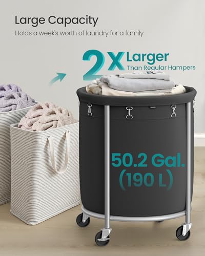 SONGMICS Laundry Basket, Rolling Steel Frame with 2 Locking Wheels, 190 L | Heavy-Duty Laundry Hamper Cart with Removable Bag, Ink Black and Metallic Silver, URLS001B01 - color: Ink Black + Metallic Silver, size: 190 L (1-Section)