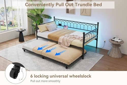 IDEALHOUSE Twin Daybed with Trundle, Day Bed with Charging Station and LED Lights, Heavy Duty Metal Bed Frame, Metal Sofa Bed Frame with Steel Slat Support for Living Room, Bedroom, Apartment, Black | Charging Station, LED Lights, Pull-Out Trundle, Space-