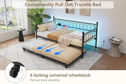 IDEALHOUSE Twin Daybed with Trundle, Day Bed with Charging Station and LED Lights, Heavy Duty Metal Bed Frame, Metal Sofa Bed Frame with Steel Slat Support for Living Room, Bedroom, Apartment, Black | Charging Station, LED Lights, Pull-Out Trundle, Space-