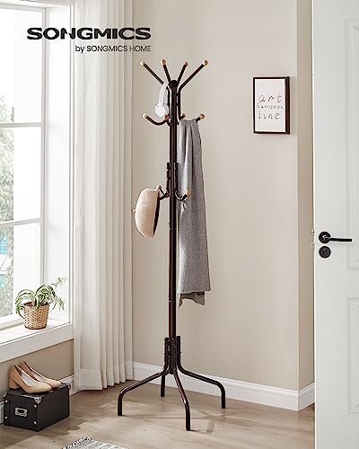 SONGMICS Coat Rack Freestanding, Metal Coat Rack Stand with 12 Hooks and 4 Legs, Holds Clothes, Hats, and Bags, for Entryway, Living Room, Bedroom, Brown URCR031Z01 | Coat Tree, Holds Clothes, Hats, and Bags, for Entryway, Living Room, Bedroom, Walnut Bro