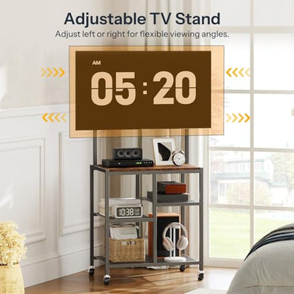 HOOBRO Small TV Stand with Wheels and Mount for 50 Inch TVs, Mobile Rolling TV Stand with Storage Shelves, Small Entertainment Center, for Living Room, Bedroom, Study, Rustic Brown BF37DS01 - color: Rustic Brown + Black