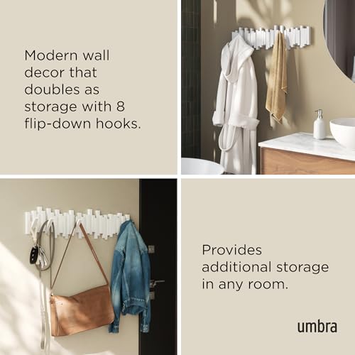 Umbra Sticks Wall Coat Rack, Wall Mount 8 Retractable Hooks, White | Modern sculptural look, holds five pounds each, fits entryways and bedrooms, easy to install, recycled plastic - color: White, size: 8-Hook