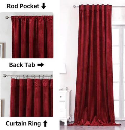 Benedeco Burgundy Red Velvet Blackout Curtains 52x63, Back Tab, 2 Panels | Elegant Room Darkening Thermal Insulated Energy Saving Noise Reducing Velvet Window Drapes for Living Room, Bedroom - color: Backtab-red, size: 52"W x 63"L (Pack of 2)