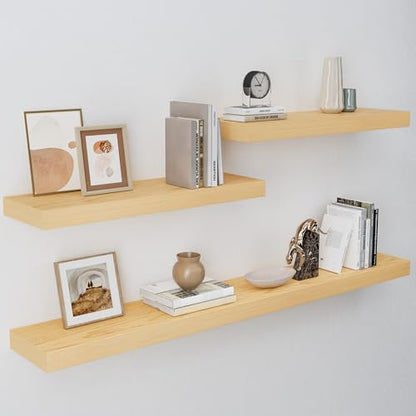 White Oak Floating Shelves for Wall, 8"D x 2"H, 3pcs (24 & 48 In) | 2" Thick Wood Wall Shelf, Heavy Duty Bracket, Bathroom Bedroom Kitchen Living Room, Non-tilting, 50LBS Capacity, Easy Install - color: White Oak, size: 23.6 (2pc)+48 (1pc)