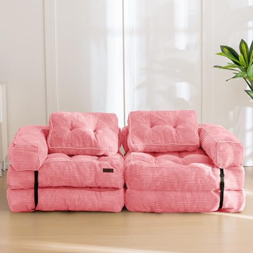MAXYOYO Folding Sofa Bed, Convertible Chair Bed with Pillow | L-Shaped Floor Sofa with Armrest and Pillow, Foldable Portable Fold Out Comfy Chair Bed for Living Room Bedroom, Pink - color: Pink