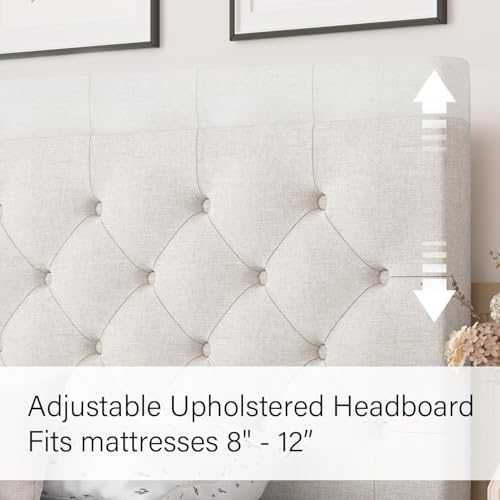 HOMBCK Full Bed Frame with Headboard, Linen Fabric Upholstered Bed Frame Full, White Bed Frame with Wood Slats, Button Tufted, No Box Spring Needed, White - color: White, size: Full