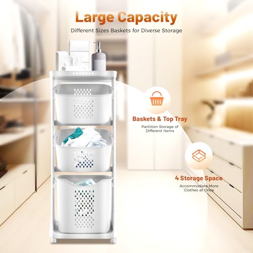 Rolling Laundry Hamper Storage Sorter, 3 Tier Rolling Laundry Hamper Cart White Laundry Baskets with Wheels for Kitchens Bathrooms Bedrooms Classrooms Laundry Rooms