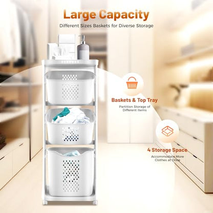 Rolling Laundry Hamper Storage Sorter, 3 Tier Rolling Laundry Hamper Cart White Laundry Baskets with Wheels for Kitchens Bathrooms Bedrooms Classrooms Laundry Rooms