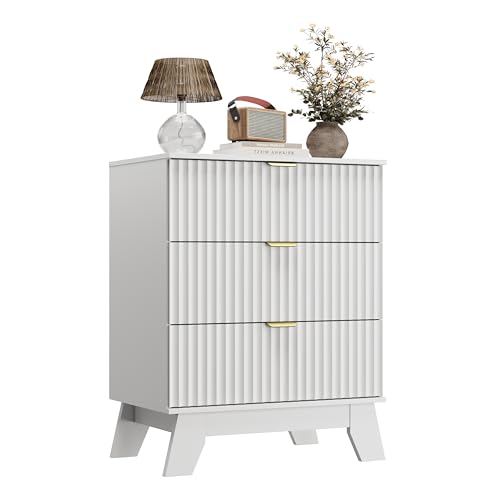 White Night Stand with 3 Drawers, Bedside Table & End Table, 24" Wide Mid Century Modern Fluted Wood Nightstand with Metal Handles, Farmhouse Night Stands for Bedroom - color: White, style: 3 Drawers