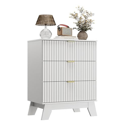 White Night Stand with 3 Drawers, Bedside Table & End Table, 24" Wide Mid Century Modern Fluted Wood Nightstand with Metal Handles, Farmhouse Night Stands for Bedroom - color: White, style: 3 Drawers
