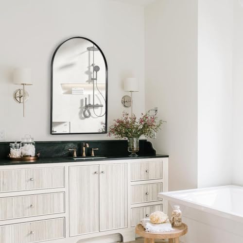 Black Arched Mirror 20x30in, Metal Framed Bathroom Vanity Wall | Tempered Glass, Shatter Proof, Living Room Bedroom Entryway, Modern Elegant Design - color: Black, size: 30"L x 20"W, style: Arched