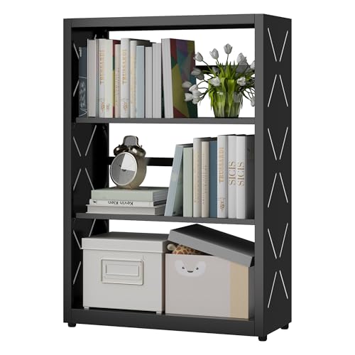 SteeLoong 3 Tier Bookcase,Metal Bookshelf with Adjustable Feet & Shelves | 34"H Black Book Shelf with Bookends,Small Bookcase for Small Places,Modern Open Bookshelf for Home Office,Kitchen,Garage - color: Black, size: 3-Tier 23"W