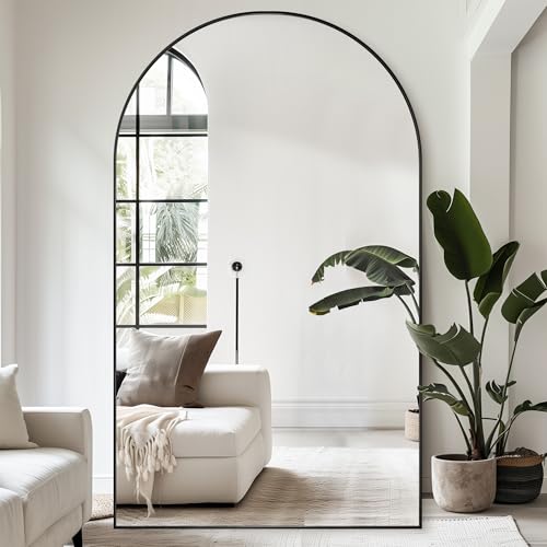 Antok 86" x46” Arched Full Length Floor Mirror, Black Aluminum Frame, Free Standing/Wall Mount/Leaning for Bedroom, Living Room, Dressing Room - color: Black, size: 86"L x 46"W