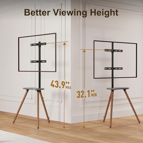 Tripod TV Stand for 43-65" TVs, Swivel, Black Walnut | Height-adjustable easel TV stand, wood media shelf, cable management and VESA up to 400x400 - color: Black, size: 43–65 Inch TVs