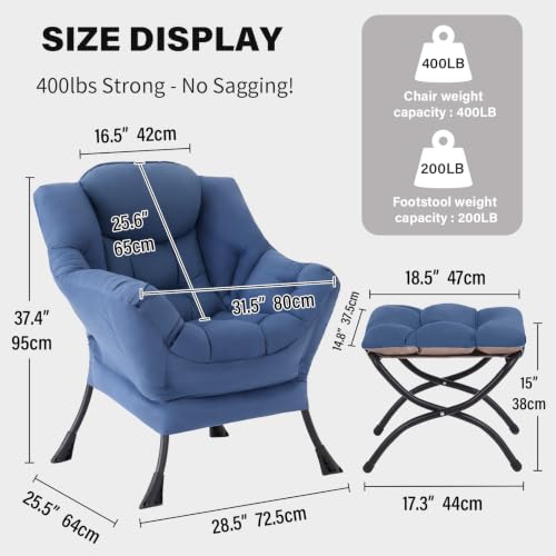 Lazy Chair with Ottoman, Comfy Reading Accent Chair, Blue | Foldable Footrest, Padded Seat and Backrest, Side Pocket for Lounging in Living Rooms, Bedrooms, Dorms and Small Spaces - color: Blue