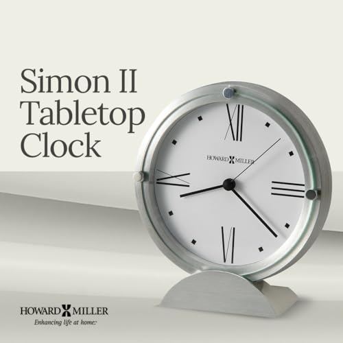 Howard Miller Simon II Tabletop Clock – Brushed Aluminum Finish, White Dial, Roman Numerals, Flat Glass Crystal, Interior Light