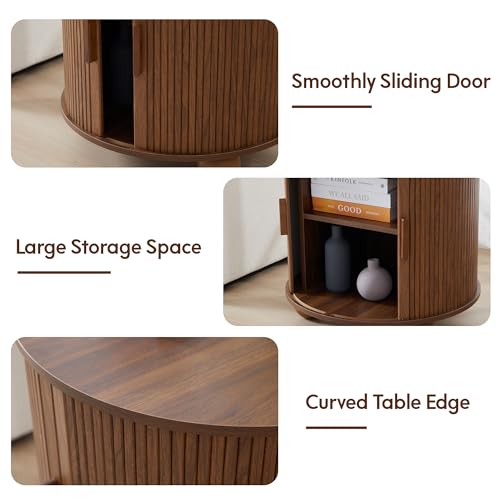 24" Round End Table with Charging Station, Fluted Side Table, Walnut | Farmhouse Sofa Side Tables Living Room, Mid-Century Wood Nightstand with Sliding Tambour Door & Storage, Round End Table - color: Walnut