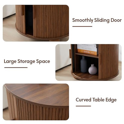 24" Round End Table with Charging Station, Fluted Side Table, Walnut | Farmhouse Sofa Side Tables Living Room, Mid-Century Wood Nightstand with Sliding Tambour Door & Storage, Round End Table - color: Walnut