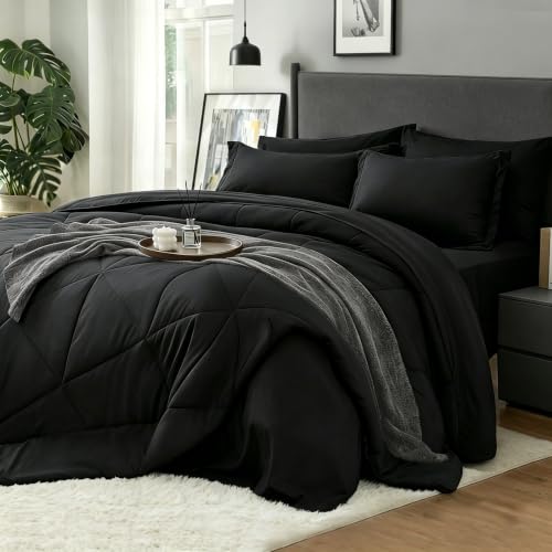 BEDELITE Twin Comforter Set 5 Pieces, Solid Black Bed in A Bag | Soft All Season Down-Alternative Comforter, Sheets, Pillowcases & Shams, OEKO-TEX Certified Bedding for Bedrrom, Guest Room - color: Black, size: Twin