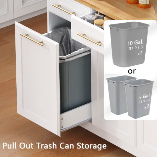 Kitchen Island with Trash Can Storage & Pull-Out Trays | Solid Rubberwood Countertop Kitchen Island on Wheels, Drop Leaf, Power Outlet, 3 Drawers - color: White