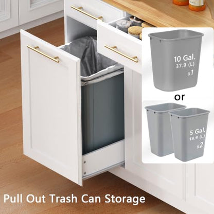Kitchen Island with Trash Can Storage & Pull-Out Trays | Solid Rubberwood Countertop Kitchen Island on Wheels, Drop Leaf, Power Outlet, 3 Drawers - color: White