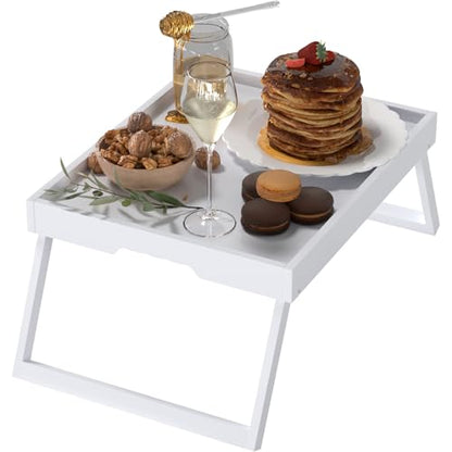Bamboo Bed Tray Table with Folding Legs, Medium, White | FSC-certified bamboo bed tray with folding legs, handles and raised edges for meals, reading, laptops and serving in bed. - color: White, size: Medium