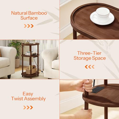 HOOBRO Small Side Table with Charging Station, 3-Tier Oval Bamboo End Table, Accent Table, Compact Sofa Bedside Table for Small Space, for Living Room, Bedroom, Apartment, Mocha MA177UBZ01 - color: Mocha
