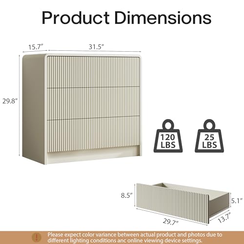 MAISONARIA Beige Curved 3 Drawer Dresser, Wide Modern Long Dresser for Bedroom, Living Room, or Entryway, Push to Open Storage Chest, Minimalist Scandinavian Style - color: Beige, size: 15.7"D x 31.5"W x 29.8"H (3 Drawers)