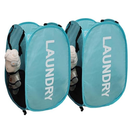 2Pcs Dirty Clothes Hampers for Laundry Foldable Mesh Pop Up Hampers | Collapsible Laundry Baskets Travel Cruise Hampers Blue Space Saving Easy to Carry for Laundry Room, College Dorms, Bedroom - color: Sky Blue - 2Pack