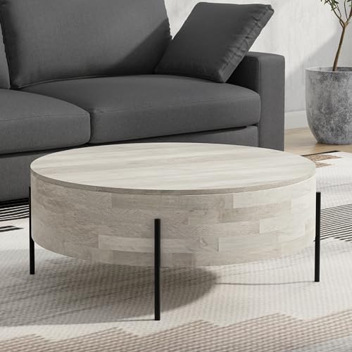 SIMPLIHOME Sawhorse 48" Wide Walnut Veneer and Metal Coffee Table | Modern round coffee table with black metal legs and a large surface; cocktail table or center table for living rooms. - color: White Wash