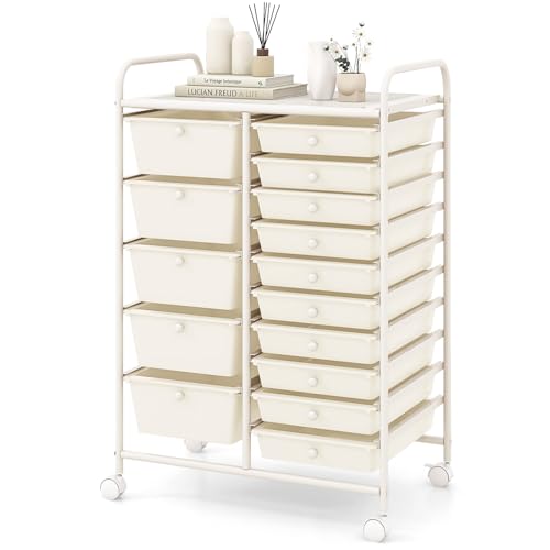 COSTWAY 15 Drawer Rolling Storage Cart, Mobile Storage Organizer | Removable Drawers & Metal Frame, Multipurpose Utility Tools Paper Organizer on Wheels for Home, Office (White) - color: White, size: 15 Drawer