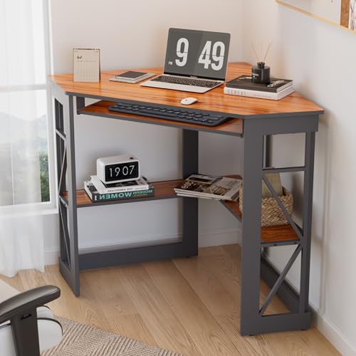 VECELO Corner Desk Computer Desk Writing Table with Smooth Keyboard Tray & Storage Shelves for Small Spaces,Compact Home Office Triangle Table,Teak Brown - color: Teak Brown